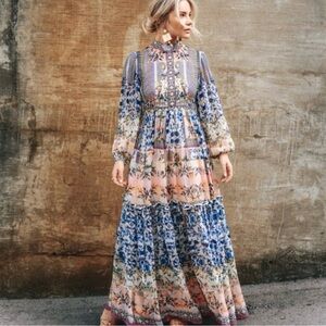 Anthropologie Bhanuni Jyoti Anastasia Floral Maxi Dress in Blue and Pink Size 0